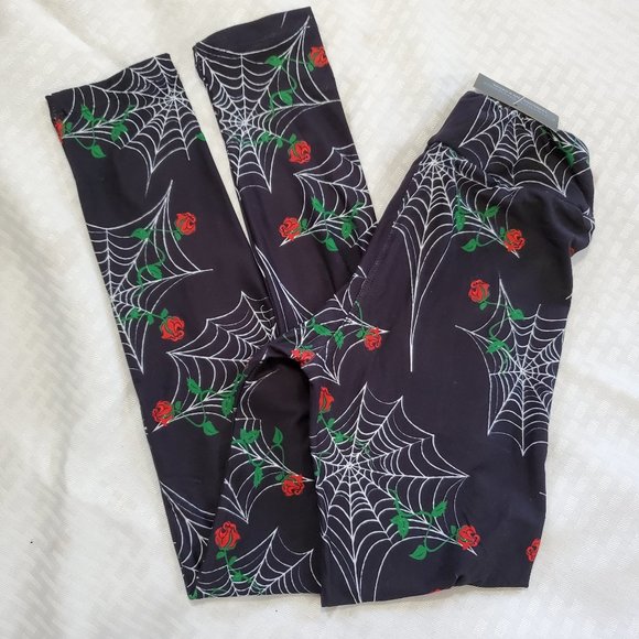Girls Halloween Spider Web Leggings size S/M Black Red White Green - Picture 4 of 7
